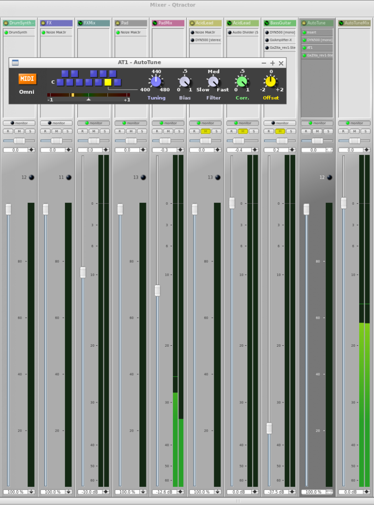 Qtractor Mixer with LV2 version of zita-at1 autotuner